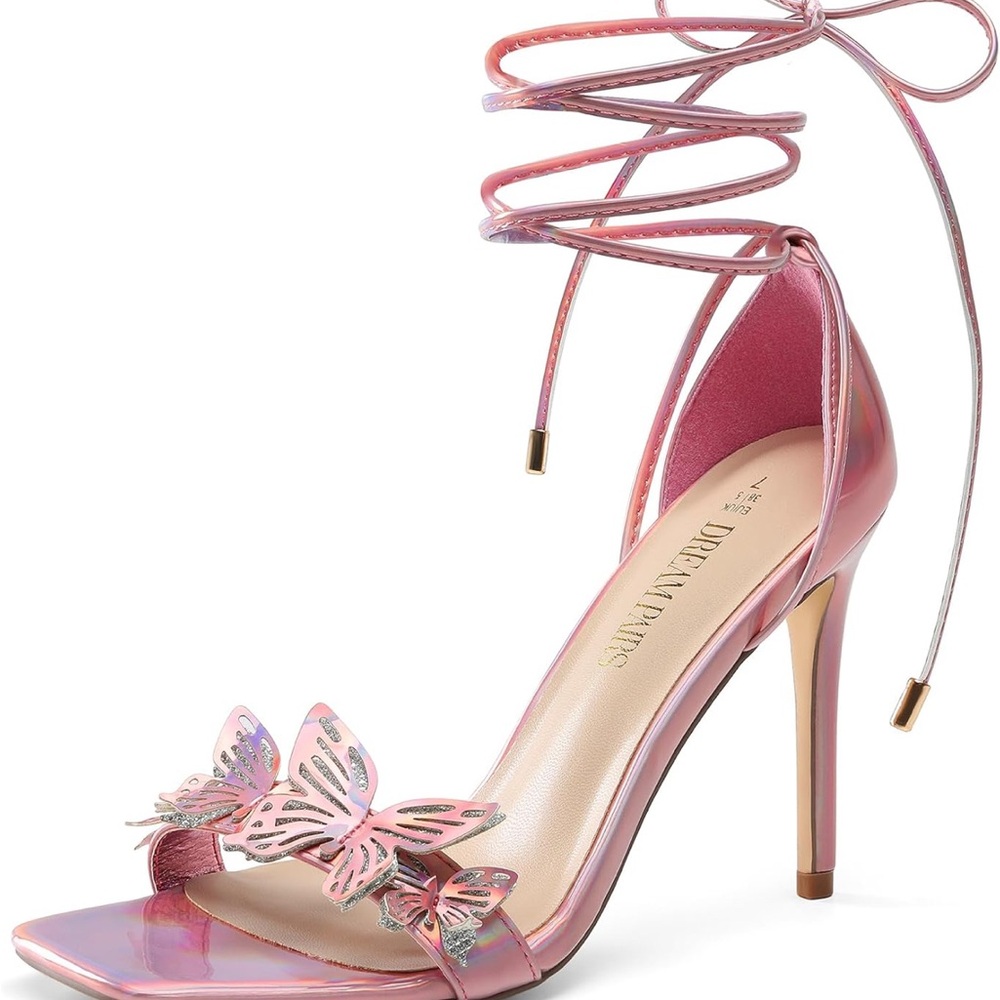 DREAM PAIRS Lace Up Pink Butterfly Square Toe Stiletto Heels (Brand NEW Size 9)